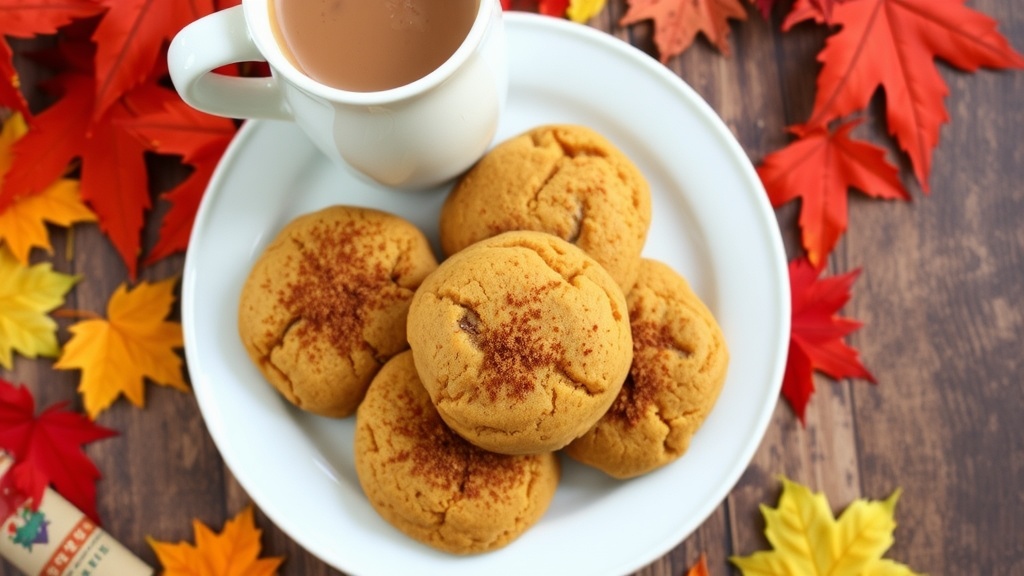 Soft pumpkin chai cookies on a plate with chai tea, surrounded by fall leaves.